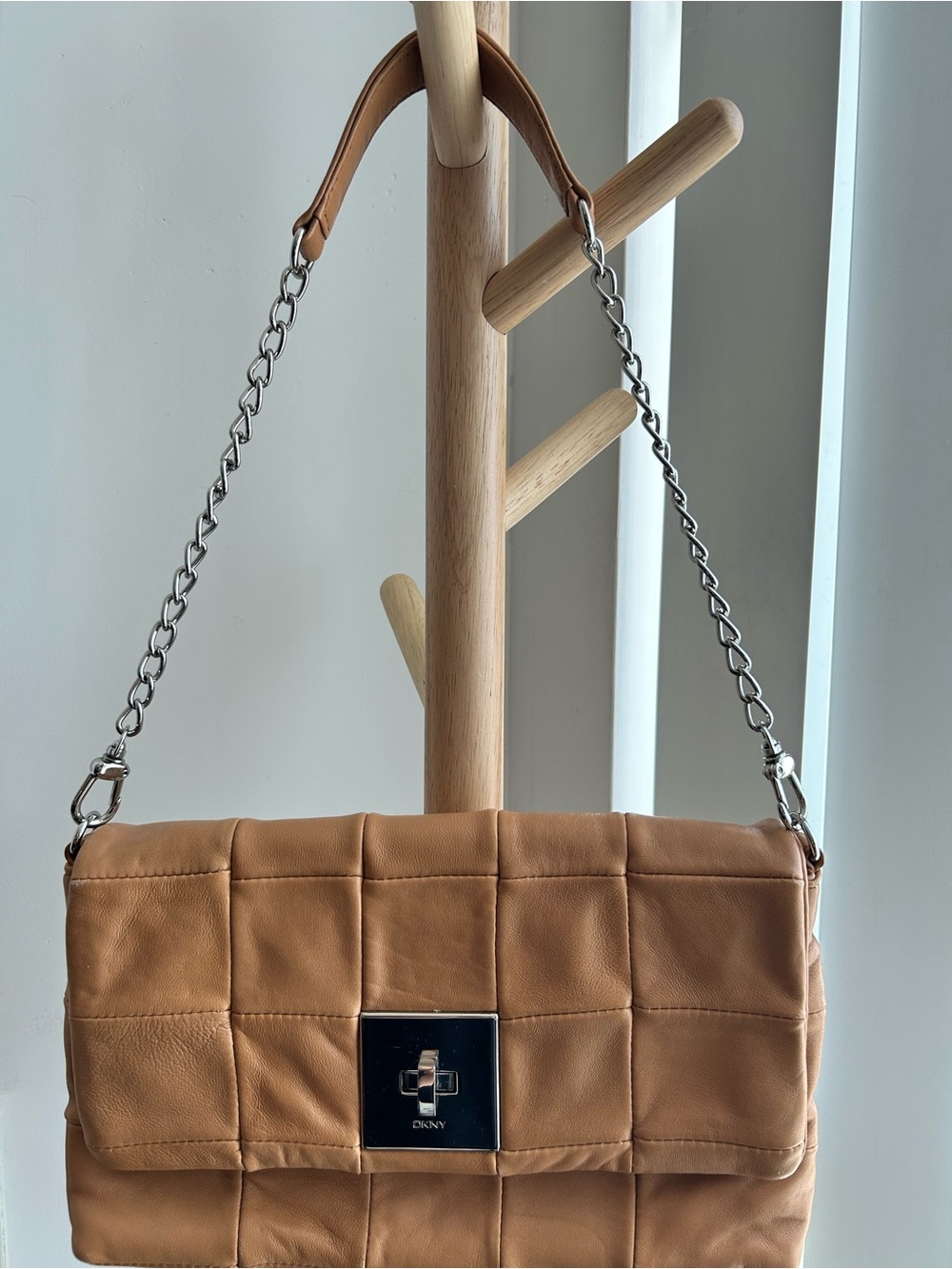 DKNY Tan Quilted Leather Shoulder Bag with Silver Chain